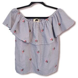 Girl Evolution Blue and White Stripe Top with Roses Size Medium
